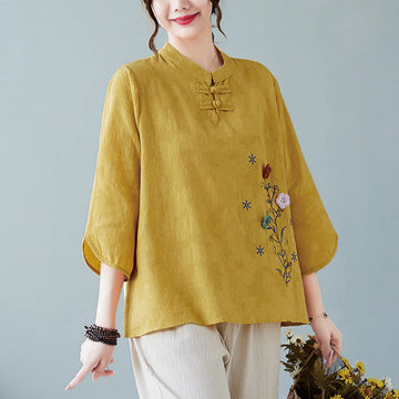 Vintage Summer Stereoscopic Flower Embroidery Three Quarter Sleeve Frog-Button Cotton Linen Women's Shirt