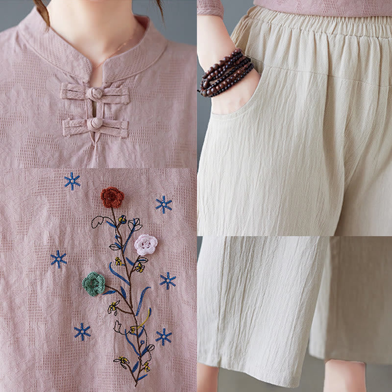 Vintage Summer Stereoscopic Flower Embroidery Three Quarter Sleeve Frog-Button Cotton Linen Women's Shirt