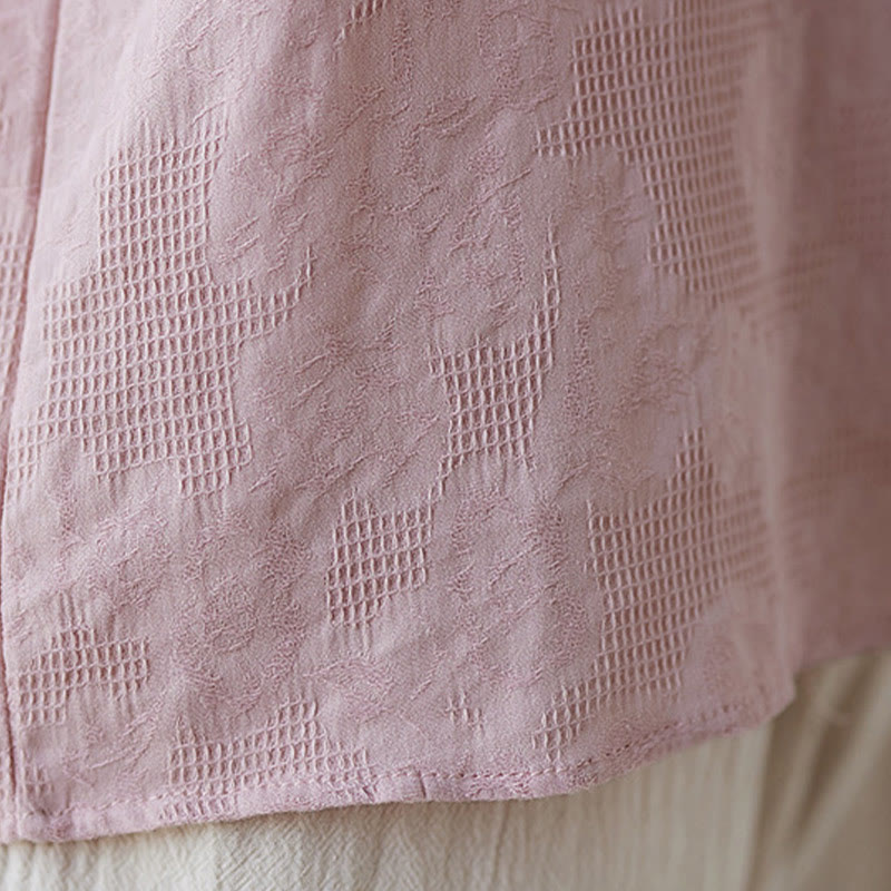 Vintage Summer Stereoscopic Flower Embroidery Three Quarter Sleeve Frog-Button Cotton Linen Women's Shirt