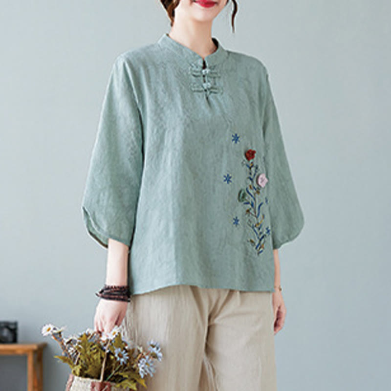 Vintage Summer Stereoscopic Flower Embroidery Three Quarter Sleeve Frog-Button Cotton Linen Women's Shirt
