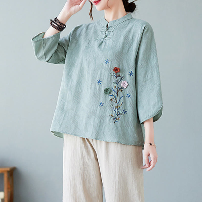 Vintage Summer Stereoscopic Flower Embroidery Three Quarter Sleeve Frog-Button Cotton Linen Women's Shirt