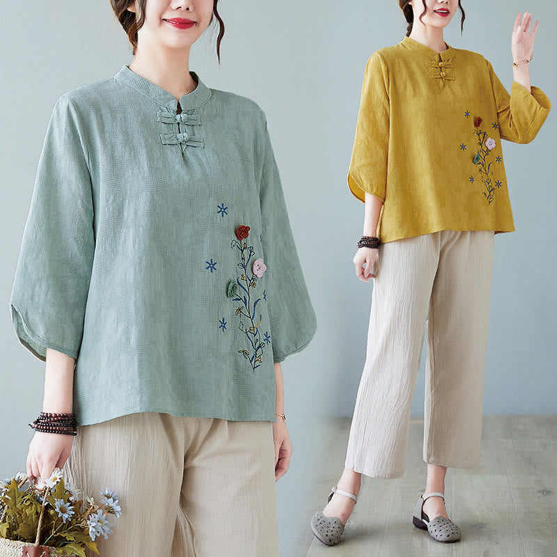 Vintage Summer Stereoscopic Flower Embroidery Three Quarter Sleeve Frog-Button Cotton Linen Women's Shirt