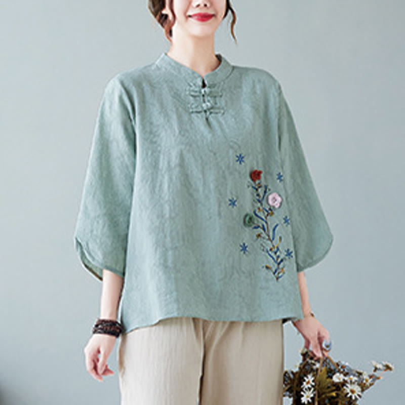 Vintage Summer Stereoscopic Flower Embroidery Three Quarter Sleeve Frog-Button Cotton Linen Women's Shirt