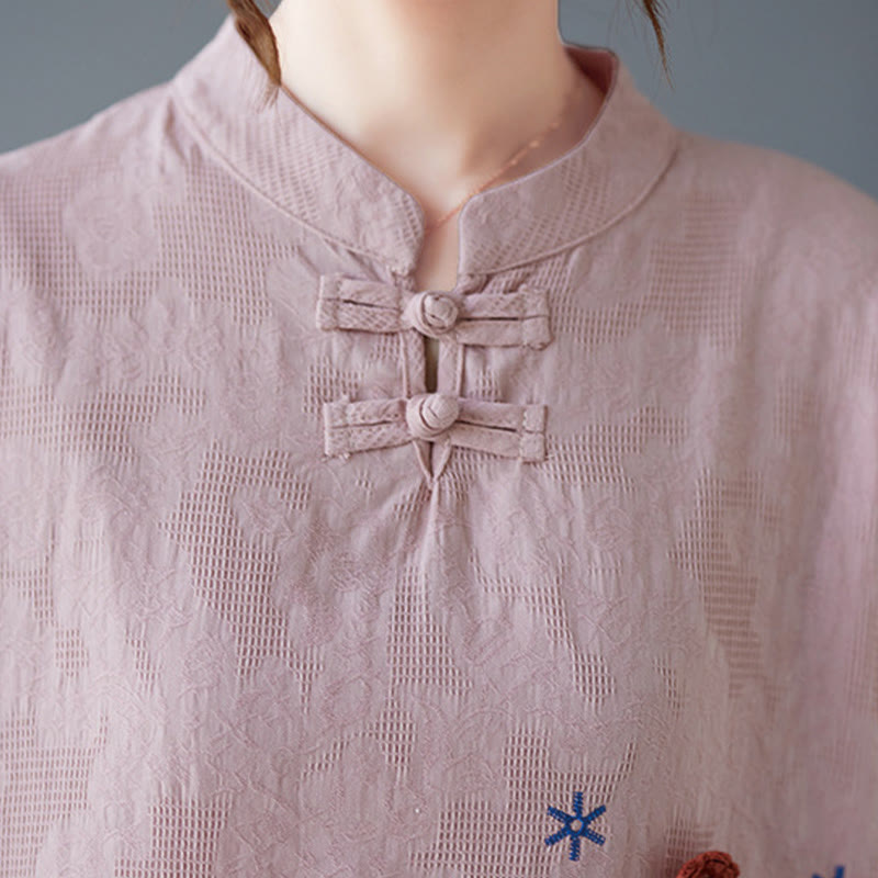 Vintage Summer Stereoscopic Flower Embroidery Three Quarter Sleeve Frog-Button Cotton Linen Women's Shirt