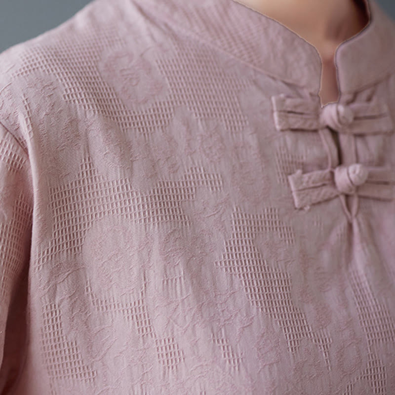 Vintage Summer Stereoscopic Flower Embroidery Three Quarter Sleeve Frog-Button Cotton Linen Women's Shirt