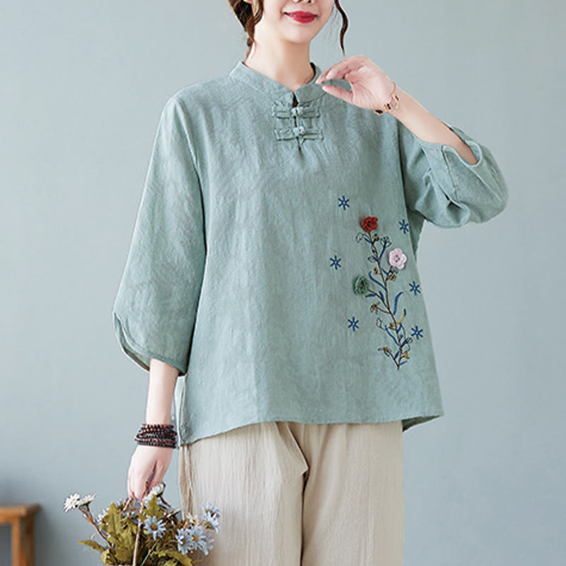 Vintage Summer Stereoscopic Flower Embroidery Three Quarter Sleeve Frog-Button Cotton Linen Women's Shirt
