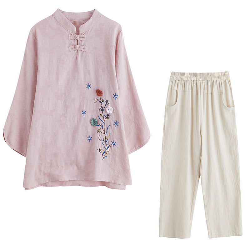 Vintage Summer Stereoscopic Flower Embroidery Three Quarter Sleeve Frog-Button Cotton Linen Women's Shirt