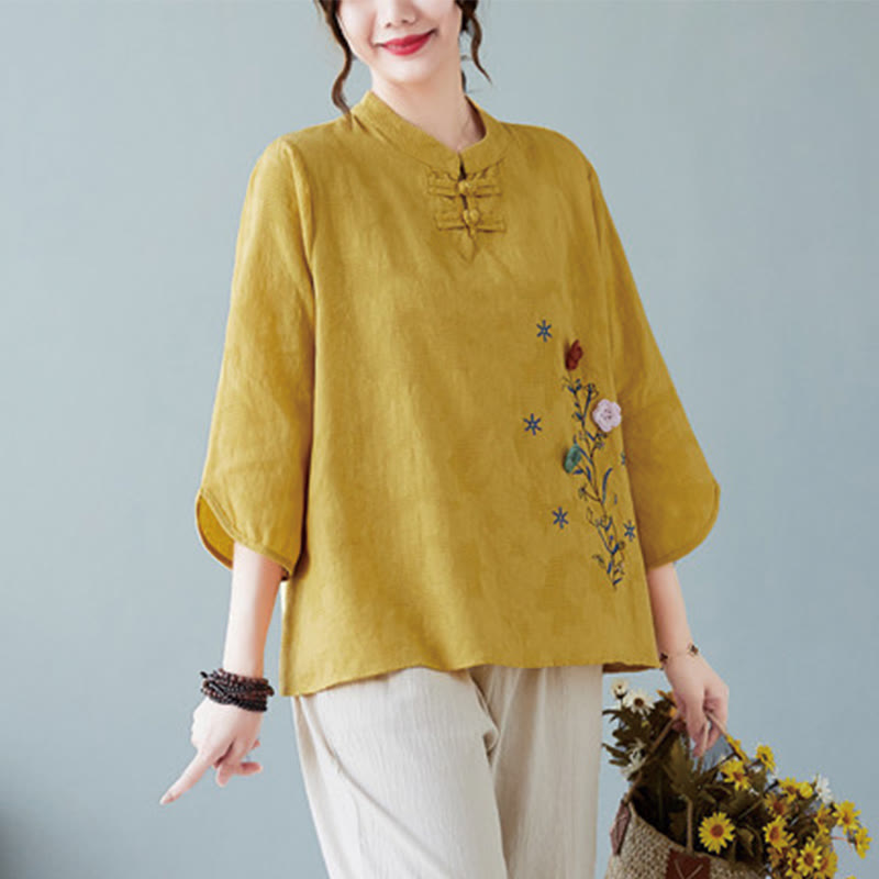 Vintage Summer Stereoscopic Flower Embroidery Three Quarter Sleeve Frog-Button Cotton Linen Women's Shirt