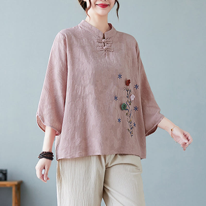 Vintage Summer Stereoscopic Flower Embroidery Three Quarter Sleeve Frog-Button Cotton Linen Women's Shirt
