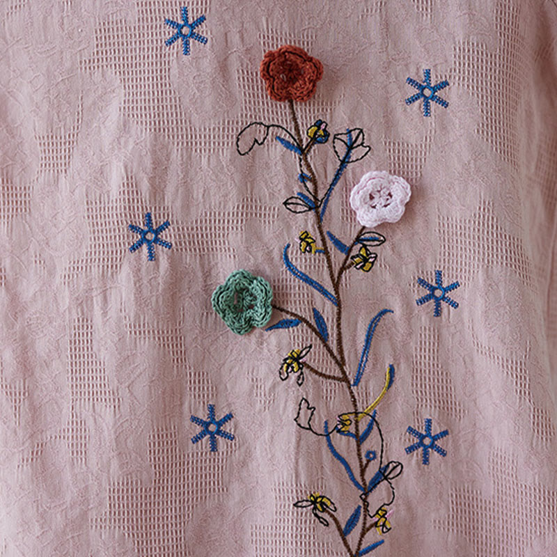 Vintage Summer Stereoscopic Flower Embroidery Three Quarter Sleeve Frog-Button Cotton Linen Women's Shirt