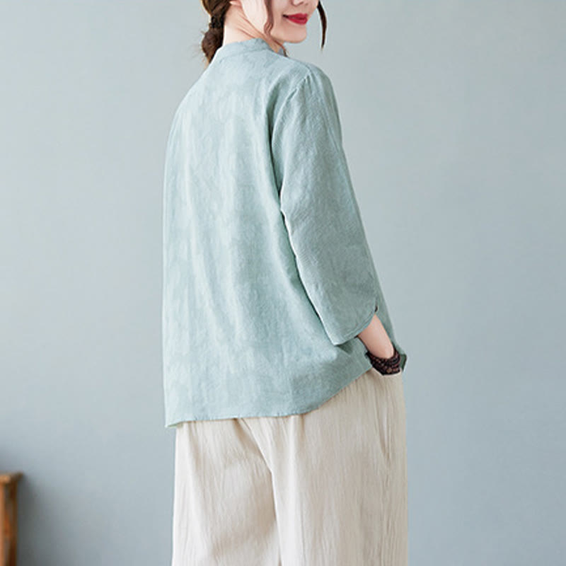 Vintage Summer Stereoscopic Flower Embroidery Three Quarter Sleeve Frog-Button Cotton Linen Women's Shirt