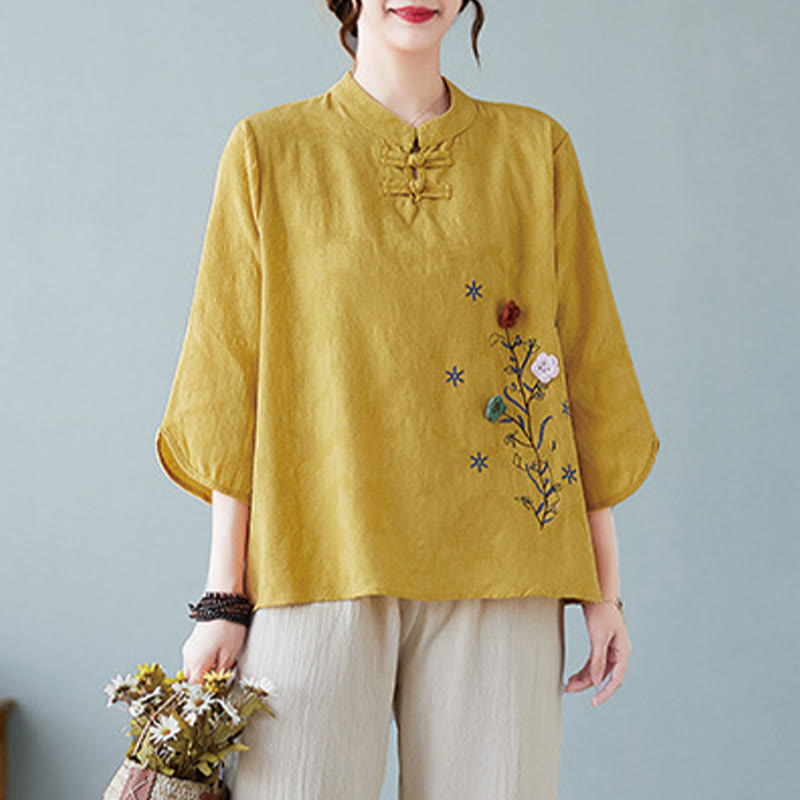 Vintage Summer Stereoscopic Flower Embroidery Three Quarter Sleeve Frog-Button Cotton Linen Women's Shirt