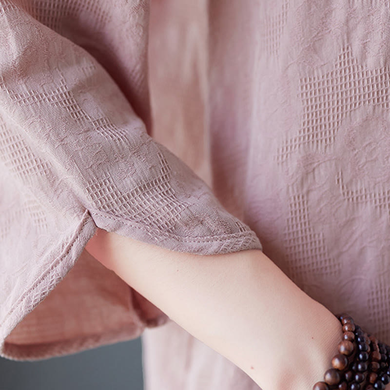 Vintage Summer Stereoscopic Flower Embroidery Three Quarter Sleeve Frog-Button Cotton Linen Women's Shirt