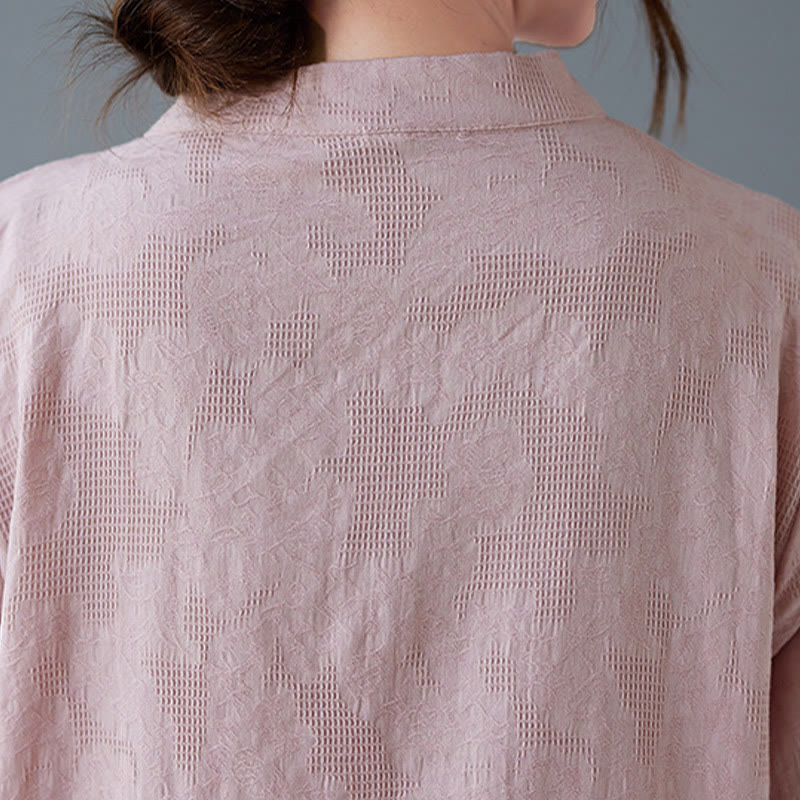 Vintage Summer Stereoscopic Flower Embroidery Three Quarter Sleeve Frog-Button Cotton Linen Women's Shirt