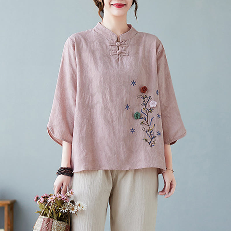 Vintage Summer Stereoscopic Flower Embroidery Three Quarter Sleeve Frog-Button Cotton Linen Women's Shirt
