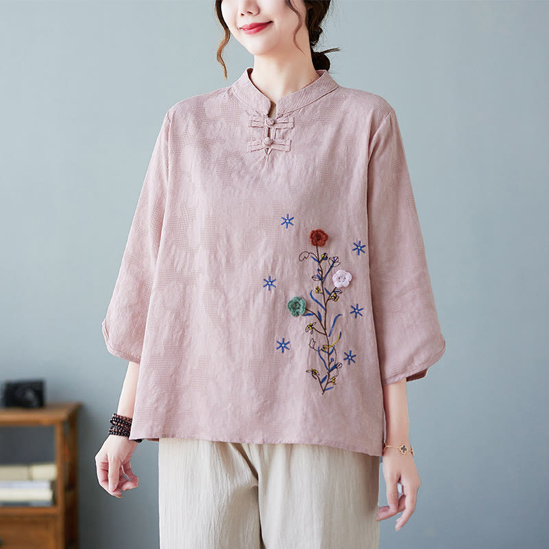 Vintage Summer Stereoscopic Flower Embroidery Three Quarter Sleeve Frog-Button Cotton Linen Women's Shirt