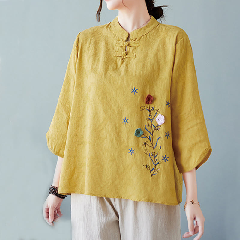 Vintage Summer Stereoscopic Flower Embroidery Three Quarter Sleeve Frog-Button Cotton Linen Women's Shirt