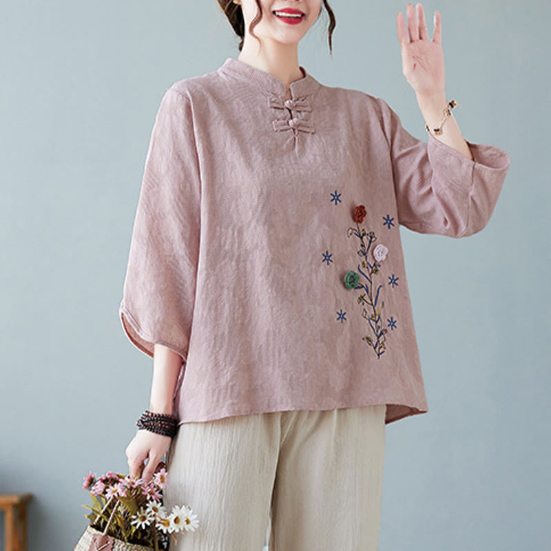 Vintage Summer Stereoscopic Flower Embroidery Three Quarter Sleeve Frog-Button Cotton Linen Women's Shirt