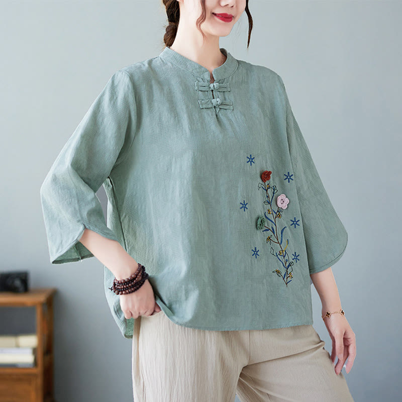 Vintage Summer Stereoscopic Flower Embroidery Three Quarter Sleeve Frog-Button Cotton Linen Women's Shirt