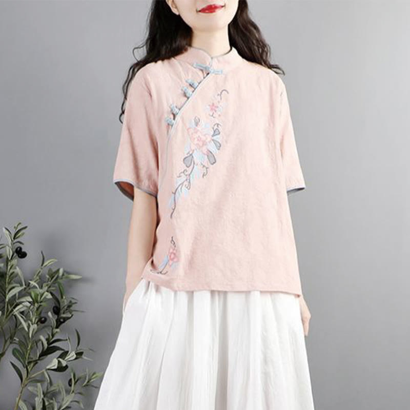 Summer Flower Embroidery Half Sleeve Frog-Button Mandarin Collar Cotton Linen Women's Shirt