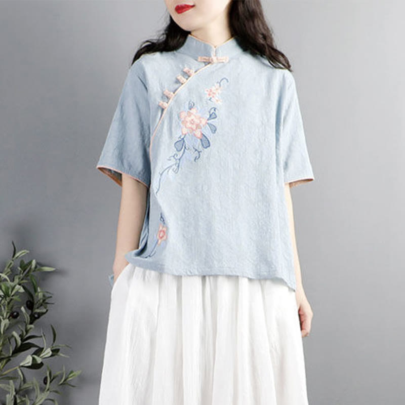 Summer Flower Embroidery Half Sleeve Frog-Button Mandarin Collar Cotton Linen Women's Shirt