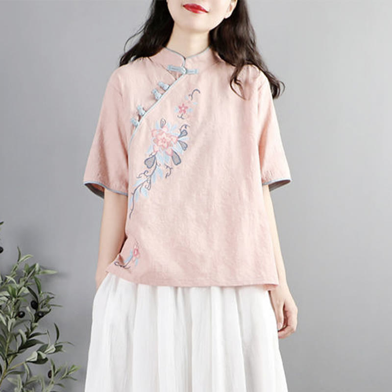 Summer Flower Embroidery Half Sleeve Frog-Button Mandarin Collar Cotton Linen Women's Shirt
