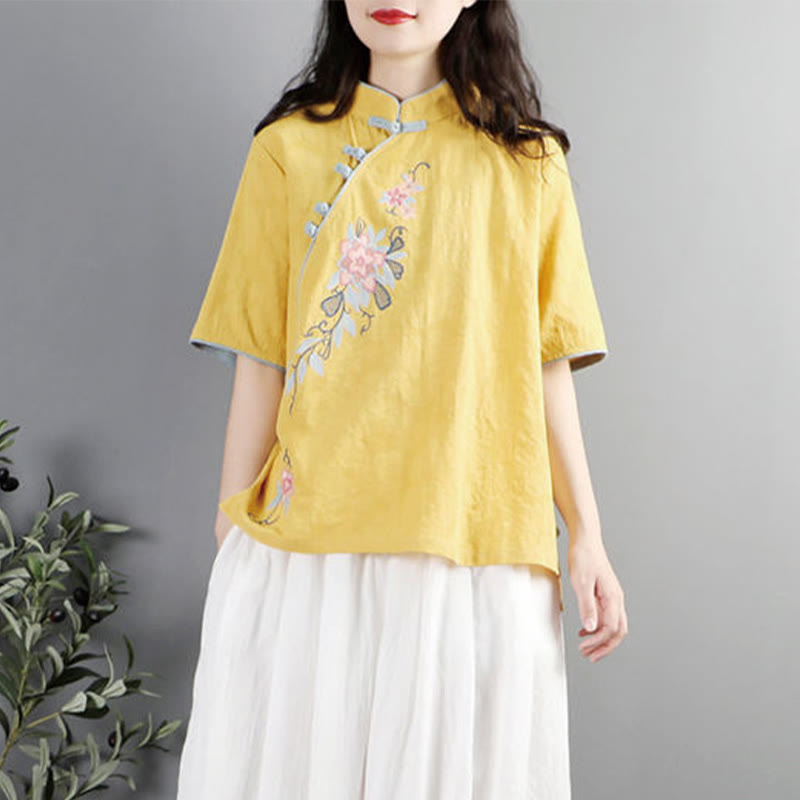 Summer Flower Embroidery Half Sleeve Frog-Button Mandarin Collar Cotton Linen Women's Shirt