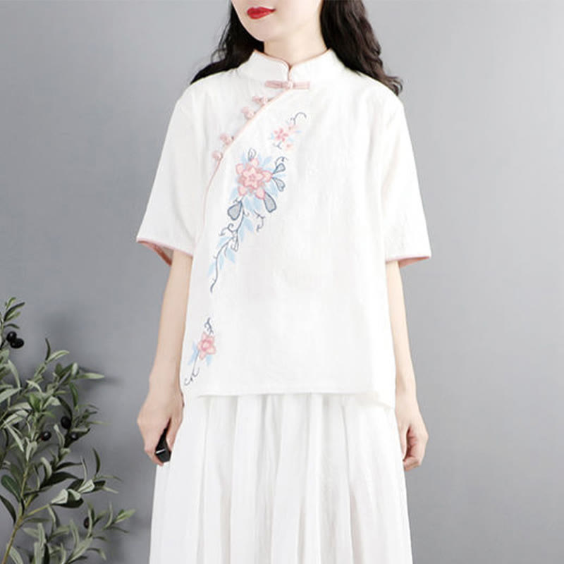 Summer Flower Embroidery Half Sleeve Frog-Button Mandarin Collar Cotton Linen Women's Shirt