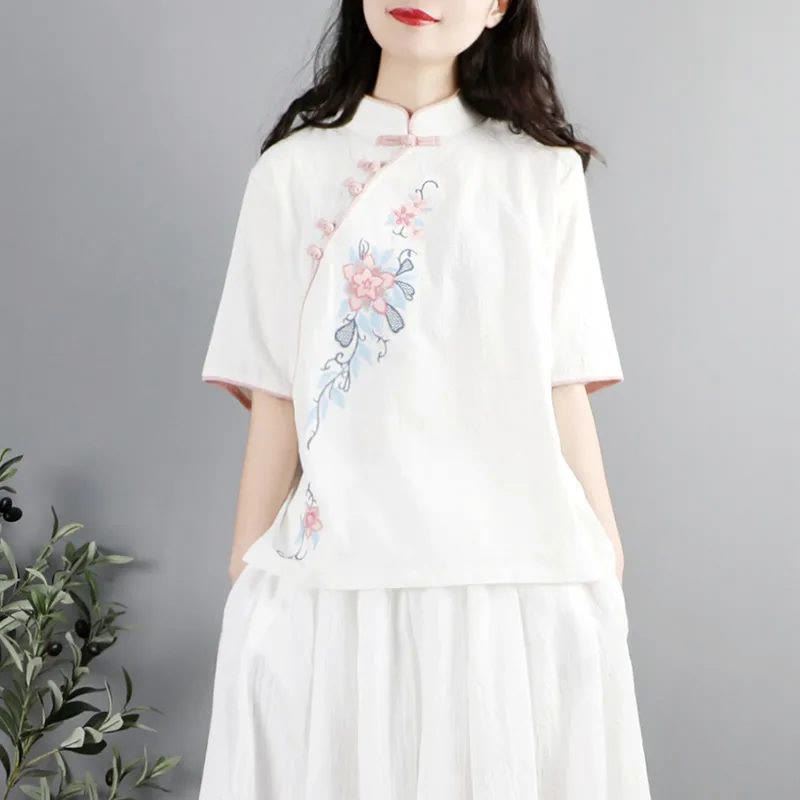 Summer Flower Embroidery Half Sleeve Frog-Button Mandarin Collar Cotton Linen Women's Shirt