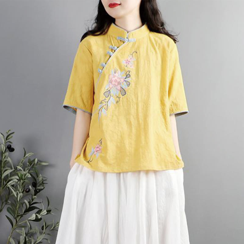 Summer Flower Embroidery Half Sleeve Frog-Button Mandarin Collar Cotton Linen Women's Shirt
