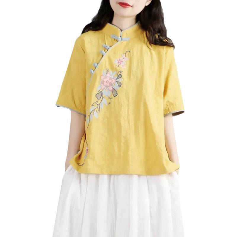 Summer Flower Embroidery Half Sleeve Frog-Button Mandarin Collar Cotton Linen Women's Shirt