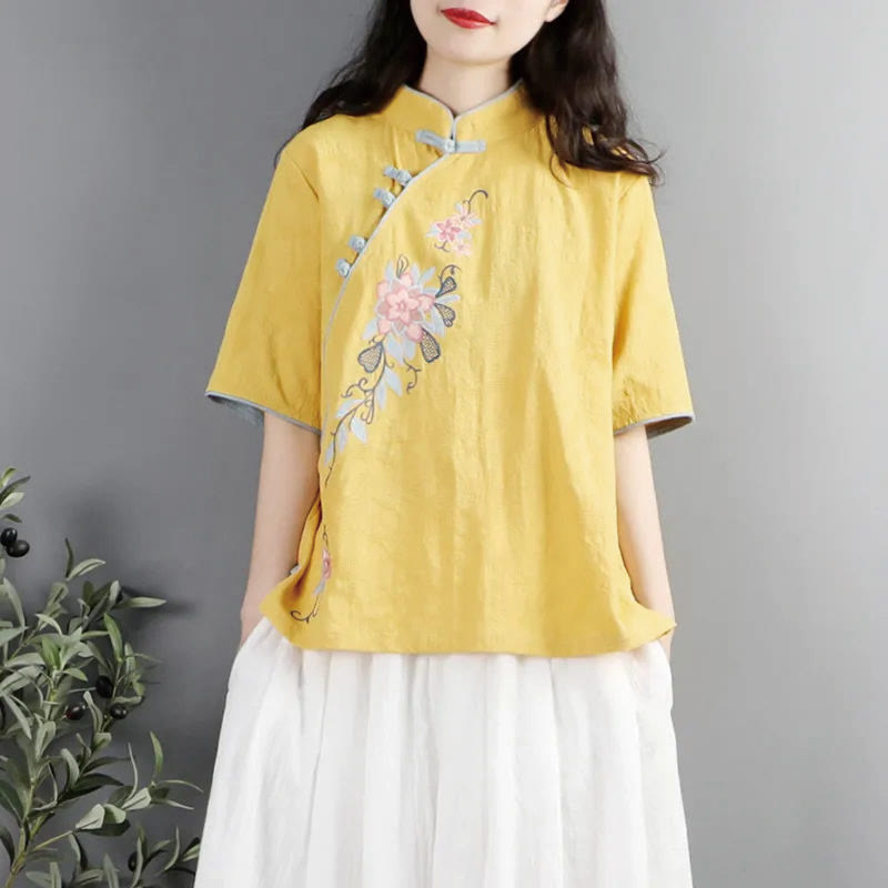 Summer Flower Embroidery Half Sleeve Frog-Button Mandarin Collar Cotton Linen Women's Shirt