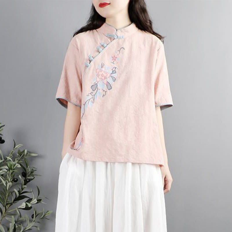 Summer Flower Embroidery Half Sleeve Frog-Button Mandarin Collar Cotton Linen Women's Shirt