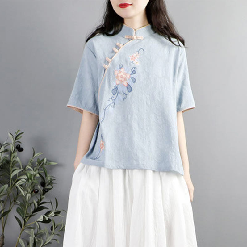 Summer Flower Embroidery Half Sleeve Frog-Button Mandarin Collar Cotton Linen Women's Shirt