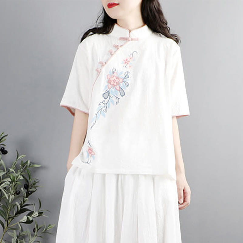 Summer Flower Embroidery Half Sleeve Frog-Button Mandarin Collar Cotton Linen Women's Shirt
