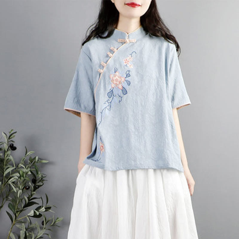 Summer Flower Embroidery Half Sleeve Frog-Button Mandarin Collar Cotton Linen Women's Shirt