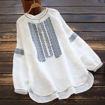 Ethnic Embroidery Bohemian Pattern Long Sleeve Crew Neck Women's Shirt