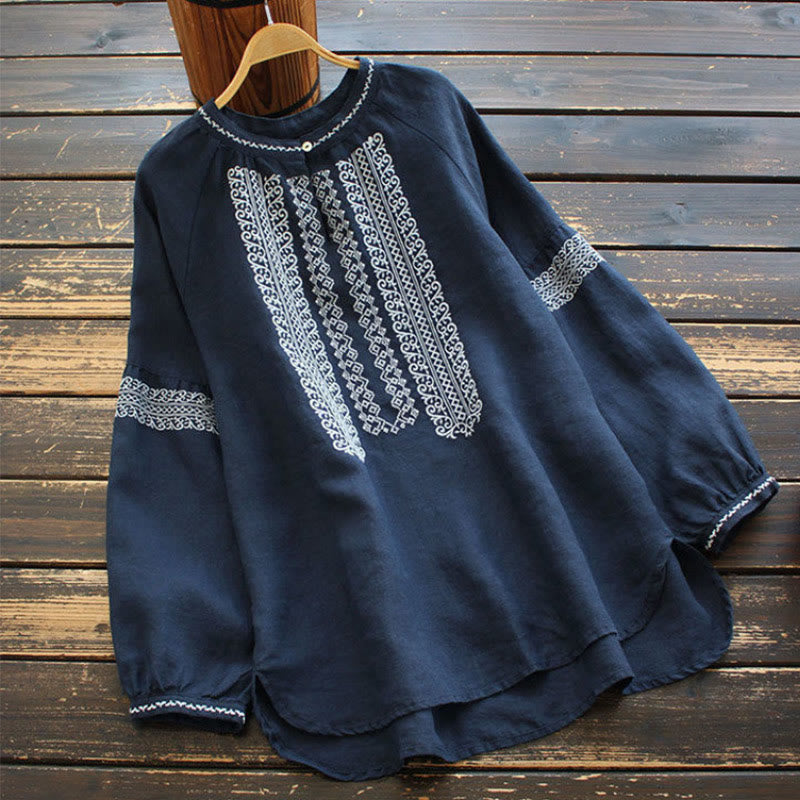 Ethnic Embroidery Bohemian Pattern Long Sleeve Crew Neck Women's Shirt