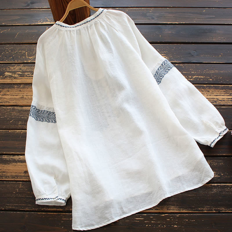 Ethnic Embroidery Bohemian Pattern Long Sleeve Crew Neck Women's Shirt