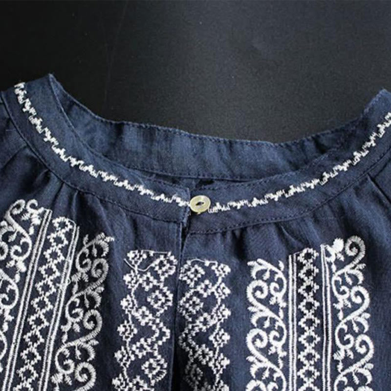 Ethnic Embroidery Bohemian Pattern Long Sleeve Crew Neck Women's Shirt