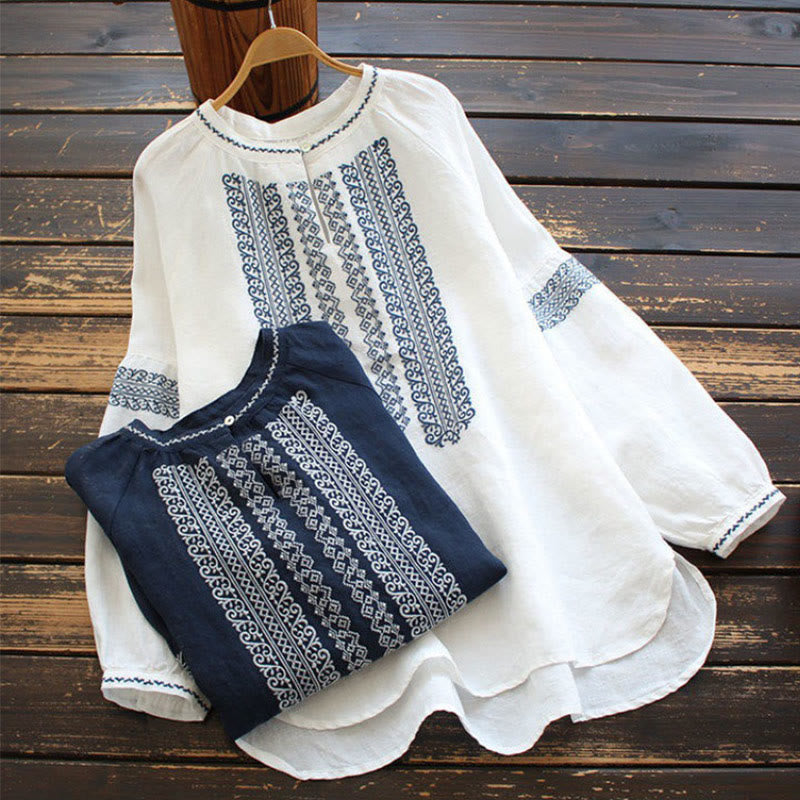 Ethnic Embroidery Bohemian Pattern Long Sleeve Crew Neck Women's Shirt