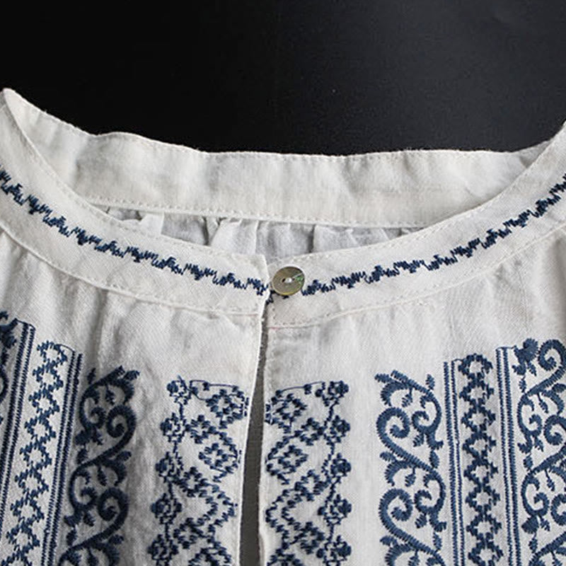 Ethnic Embroidery Bohemian Pattern Long Sleeve Crew Neck Women's Shirt