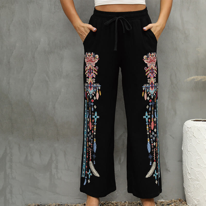 Cotton Linen Embroidered Straight-Leg Meditation Pants