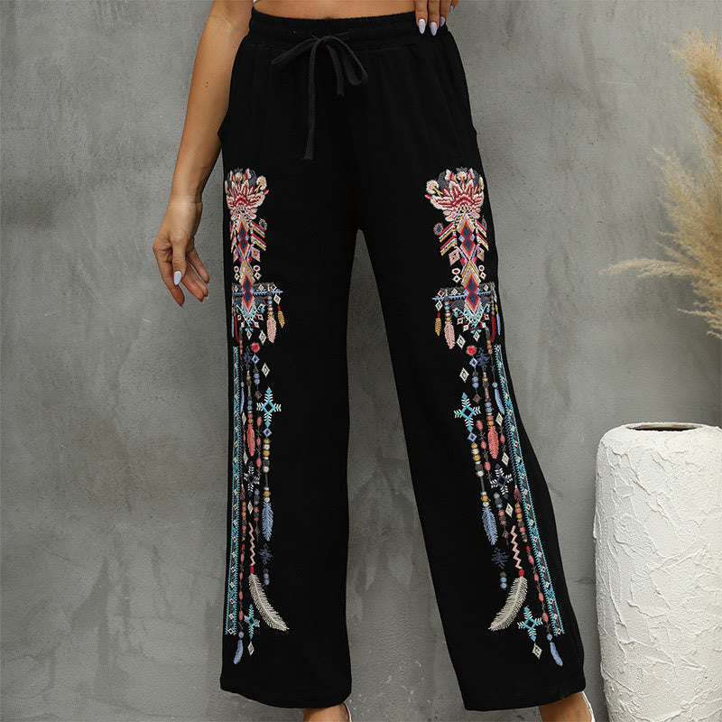 Cotton Linen Embroidered Straight-Leg Meditation Pants