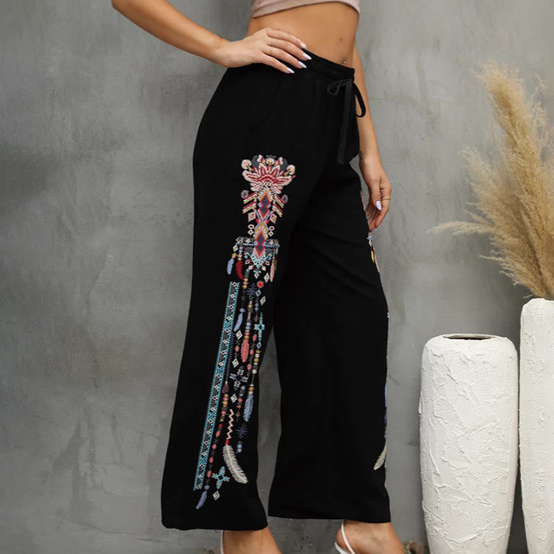 Cotton Linen Embroidered Straight-Leg Meditation Pants