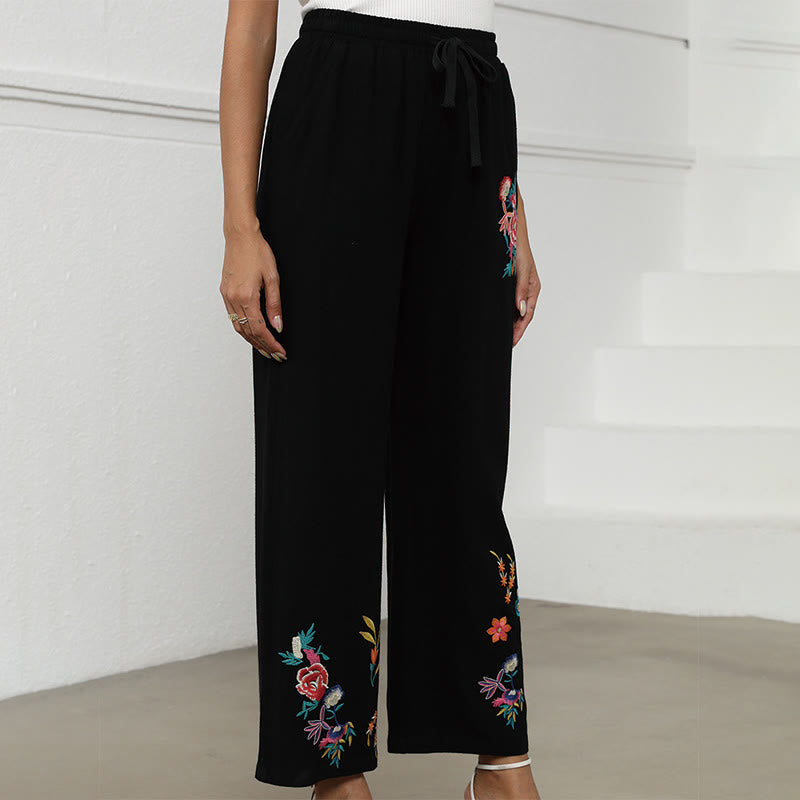 Embroidered Cotton Linen Straight-Leg Meditation Pants