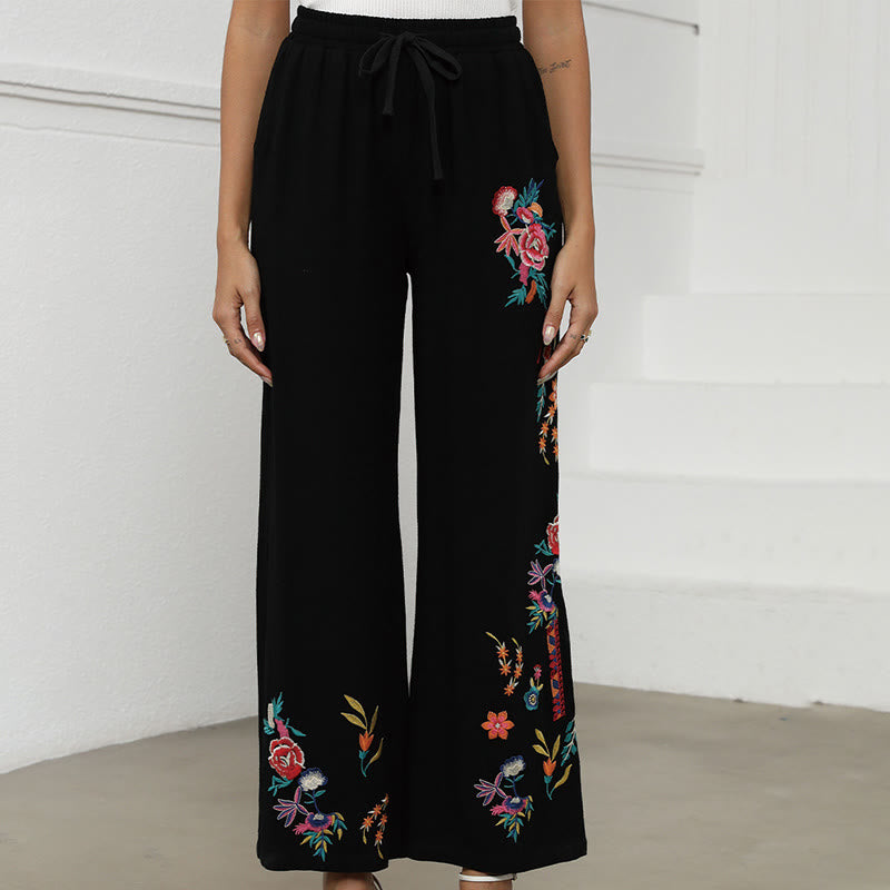 Embroidered Cotton Linen Straight-Leg Meditation Pants