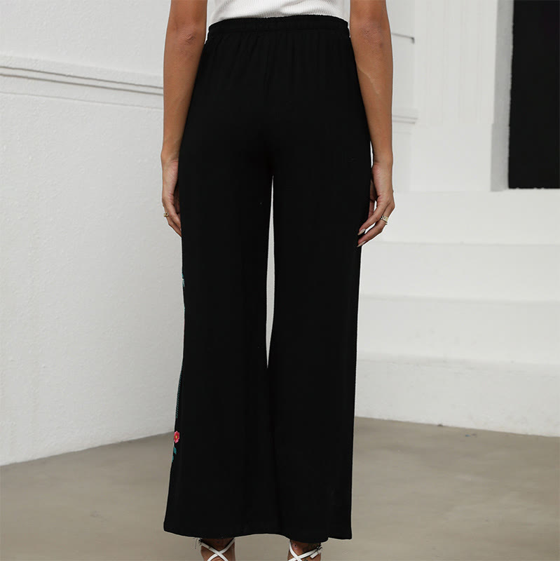 Embroidered Cotton Linen Straight-Leg Meditation Pants