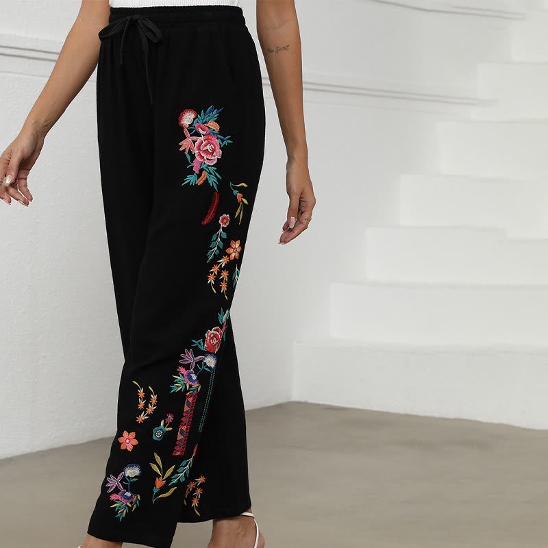 Embroidered Cotton Linen Straight-Leg Meditation Pants