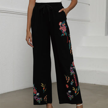 Embroidered Cotton Linen Straight-Leg Meditation Pants